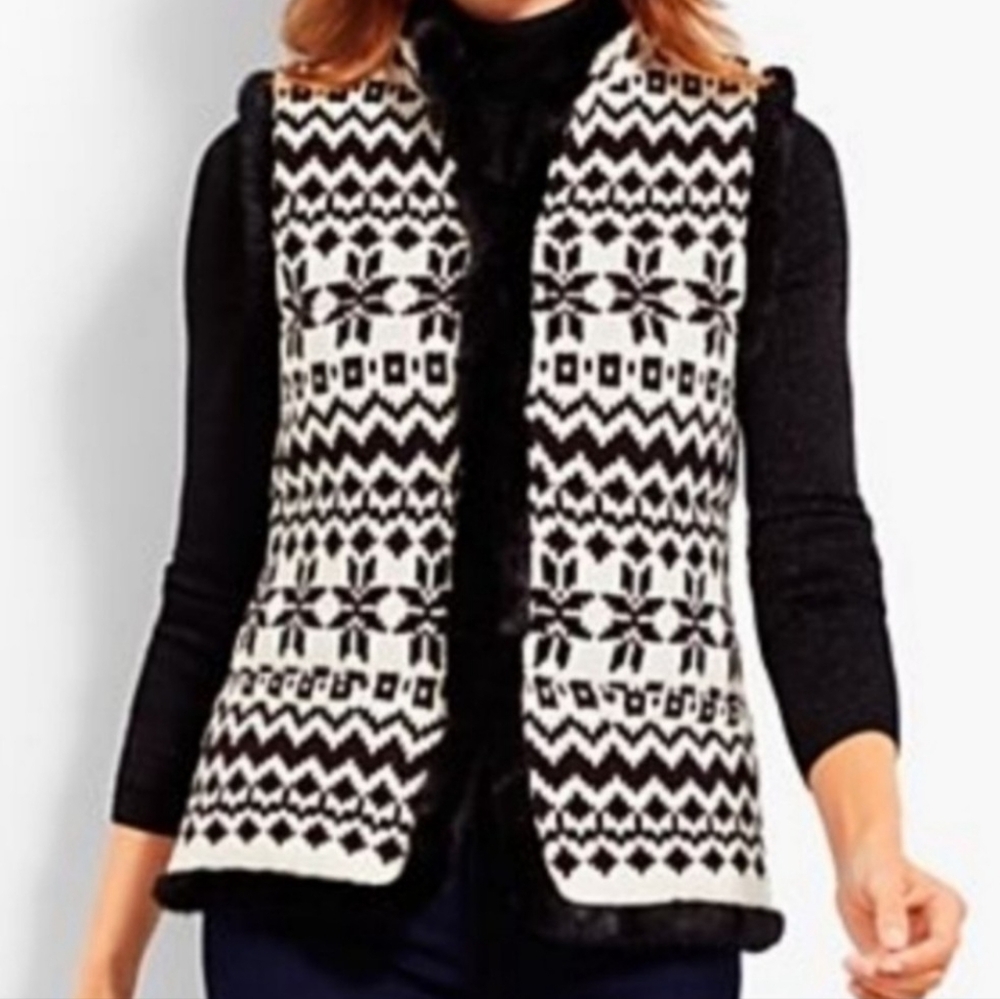 Talbots Black and Cream White Fair Isle Knit Quilted Lined Faux Fur Open Vest 3X